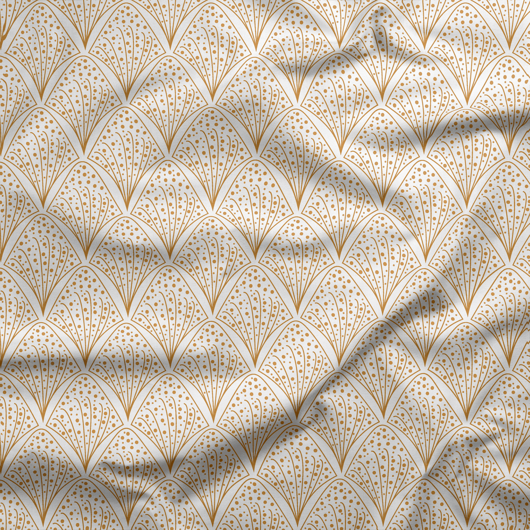 White and Gold Retro Geometric Cotton Drill Fabric.