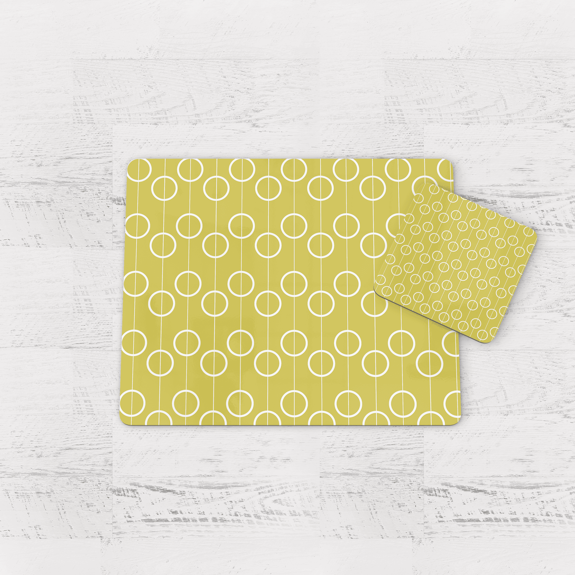 Yellow Retro Geometric Circles Placemats, Set of 4 or Set of 6.