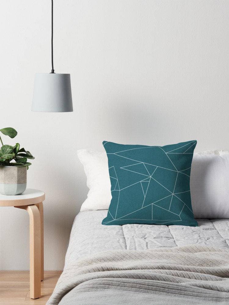 Teal Cushion with a White Geometric Line Design, Throw Pillow - Shadow bright