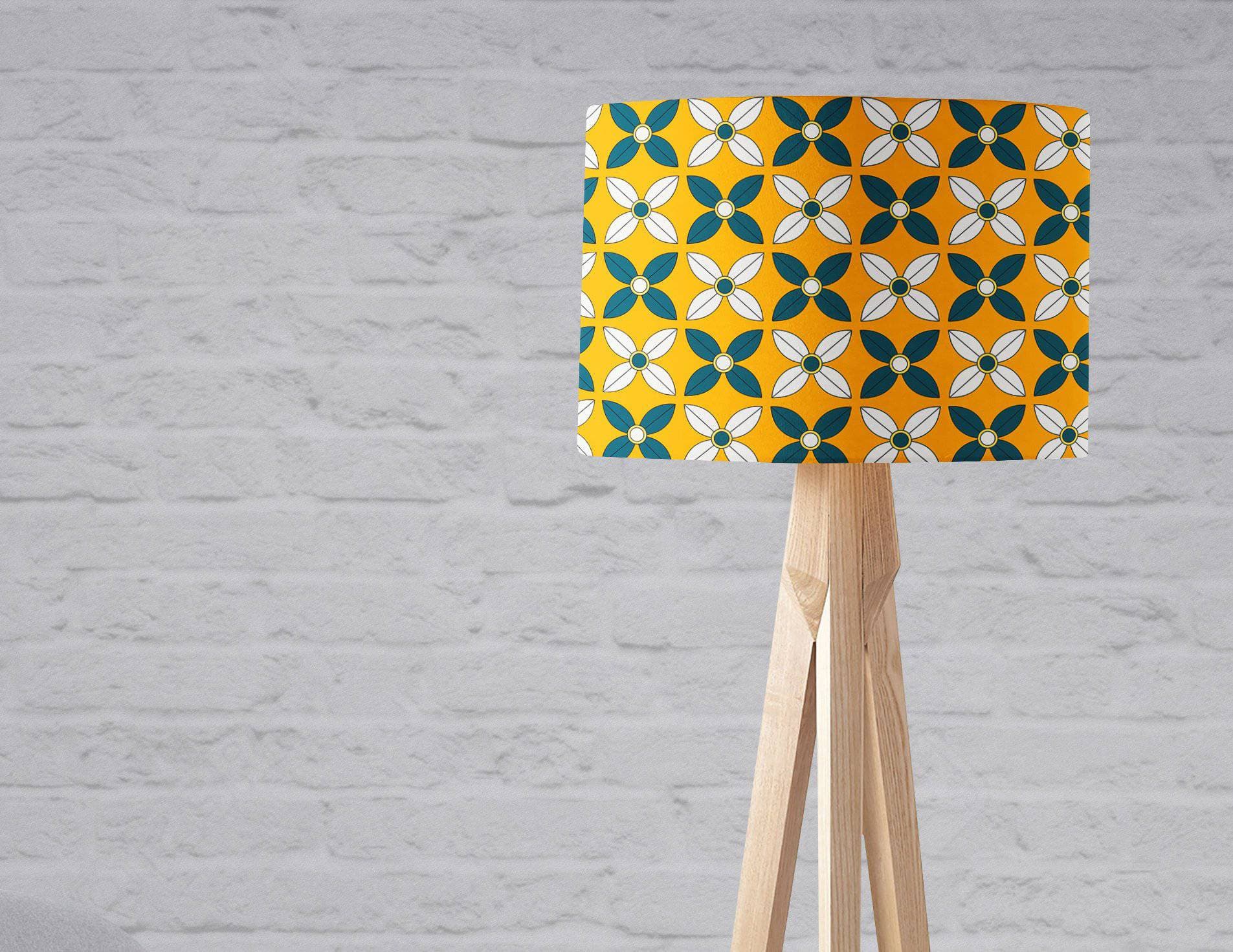 Yellow Lampshade with a  Retro Blue and White Design, Ceiling or Table Lamp Shade - Shadow bright