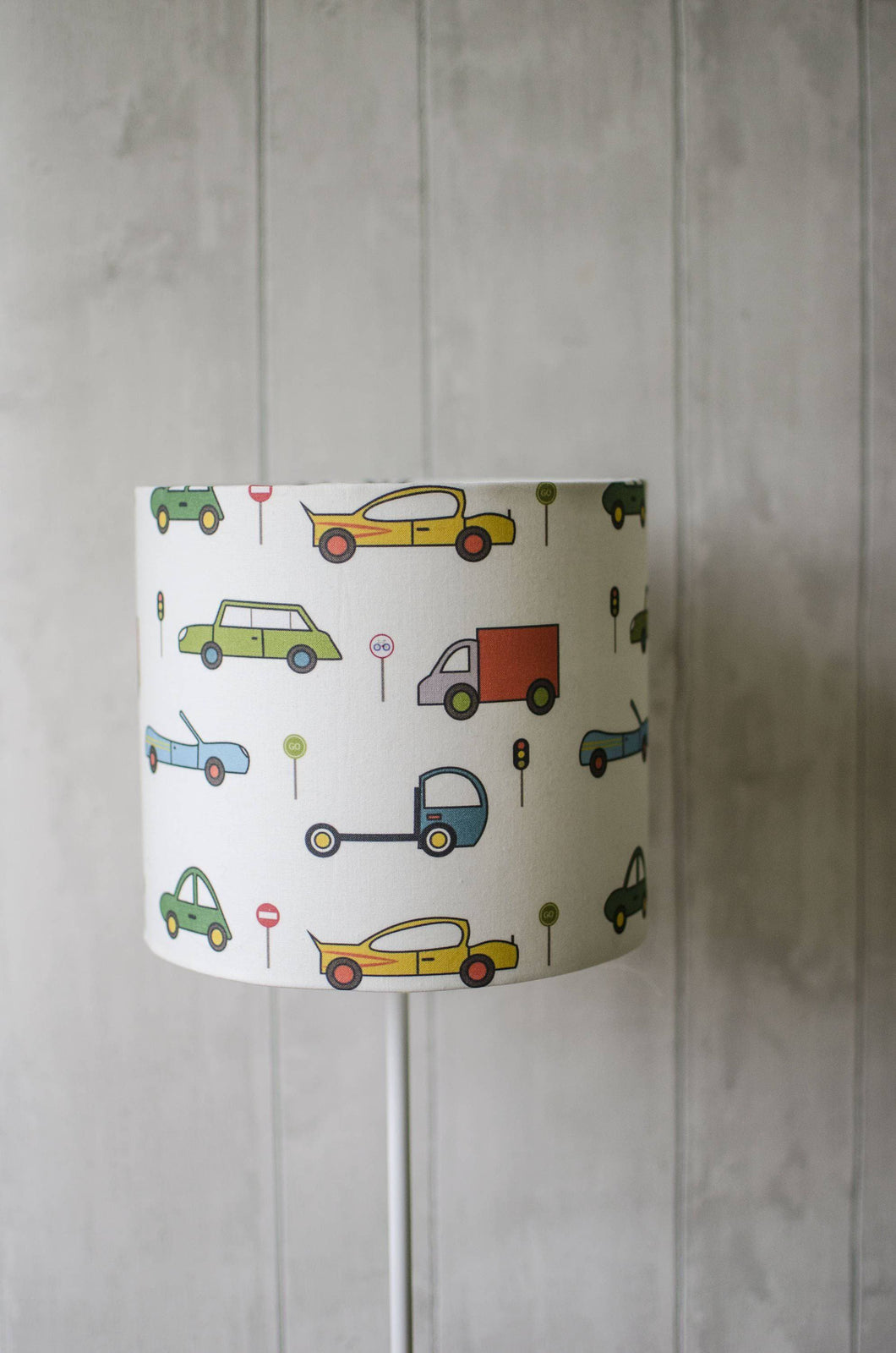 White Lampshade with Multicoloured Cars Design, Ceiling or Table Lamp Shade - Shadow bright