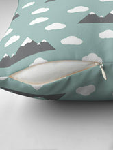 Load image into Gallery viewer, Green Cushion with an Outdoors Theme of Mountains and Clouds, Throw Pillow - Shadow bright
