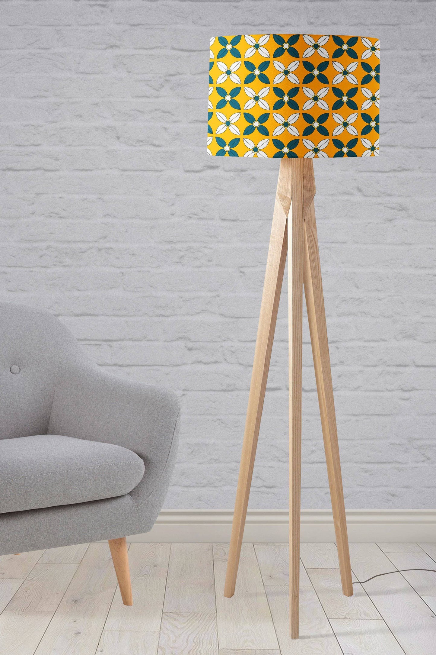 Yellow Lampshade with a  Retro Blue and White Design, Ceiling or Table Lamp Shade - Shadow bright