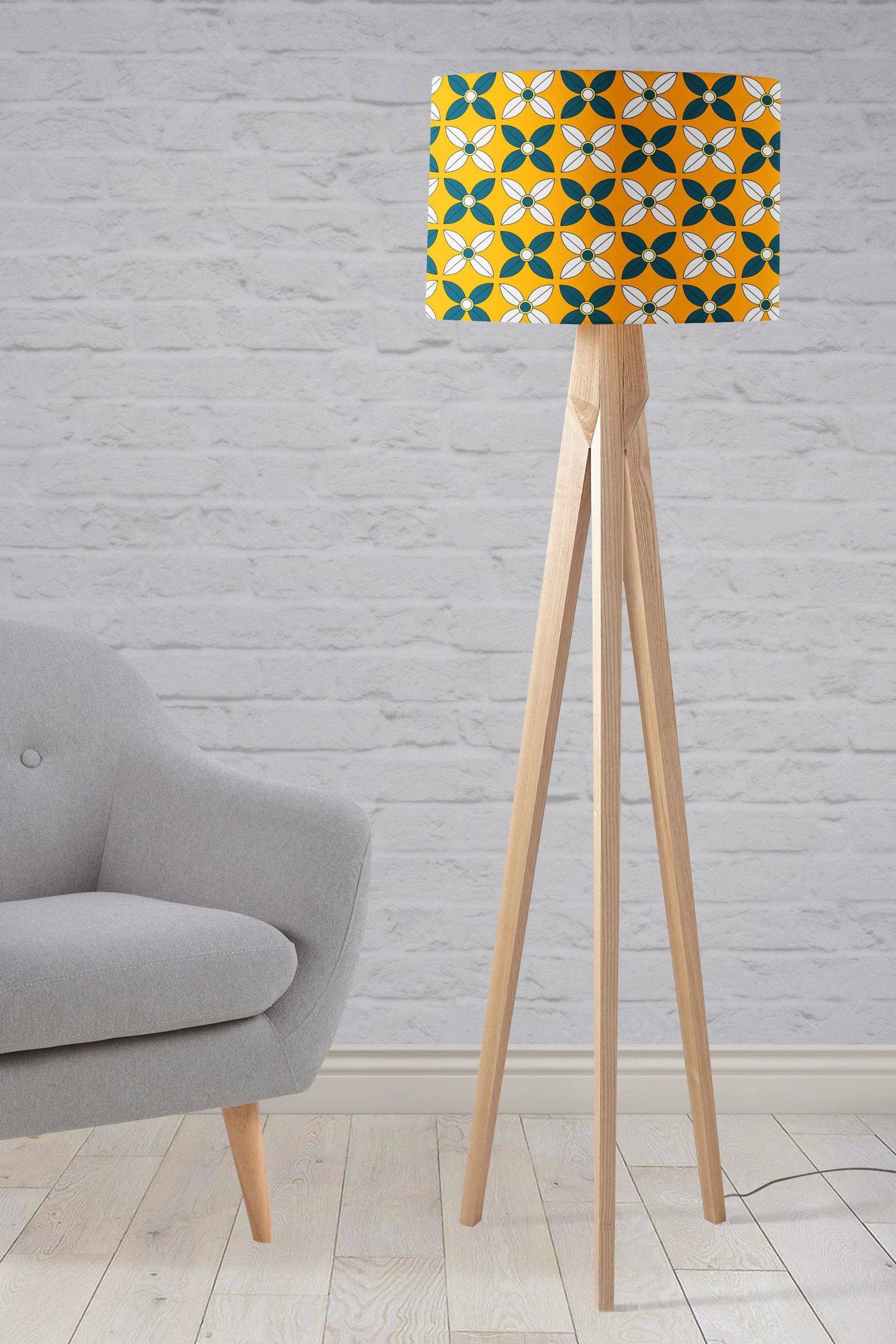 Yellow Lampshade with a  Retro Blue and White Design, Ceiling or Table Lamp Shade - Shadow bright