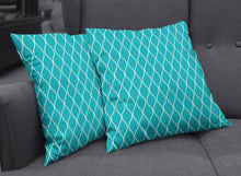 Load image into Gallery viewer, Turquoise Cushion with a White Geometric Design, Throw Pillow - Shadow bright
