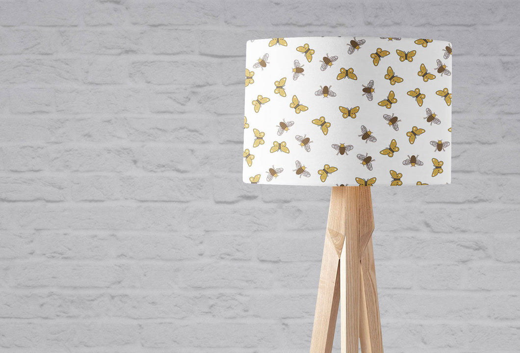 White Lampshade with a Brown Bees and Butterflies Design, Ceiling or Table Lamp - Shadow bright