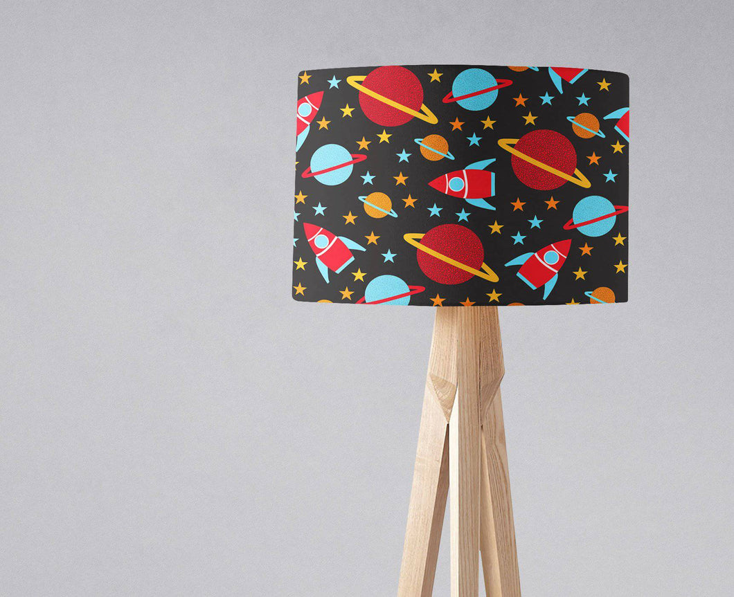 Black Lampshade with a Planets, Rockets and Stars Design, Ceiling or Table Lamp Shade - Shadow bright