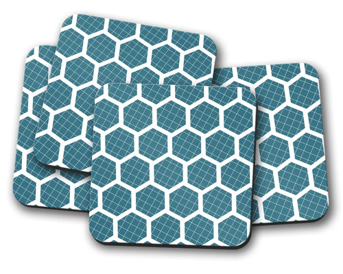 Blue Coasters with a White Hexagon Design, Table Decor Drinks Mat - Shadow bright