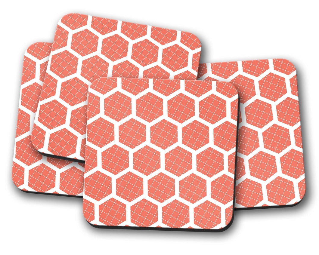 Orange Coasters with a Geometric White Hexagon Design, Table Decor Drinks Mat - Shadow bright