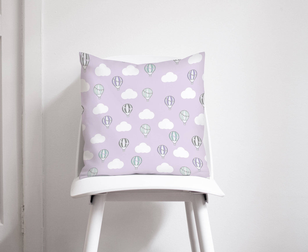 Lilac Hot Air Balloons and Clouds Design Cushion, Throw Pillow - Shadow bright
