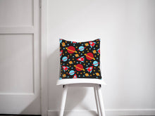 Load image into Gallery viewer, Black Cushion with Space Rockets, Planets and Stars Design, Throw Pillow - Shadow bright
