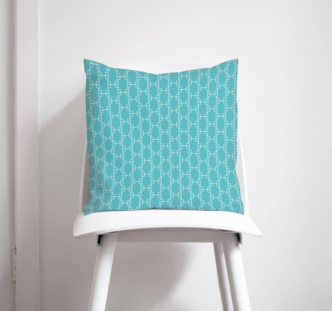 Turquoise Cushion with a White Geometric Squares Design, Throw Pillow - Shadow bright