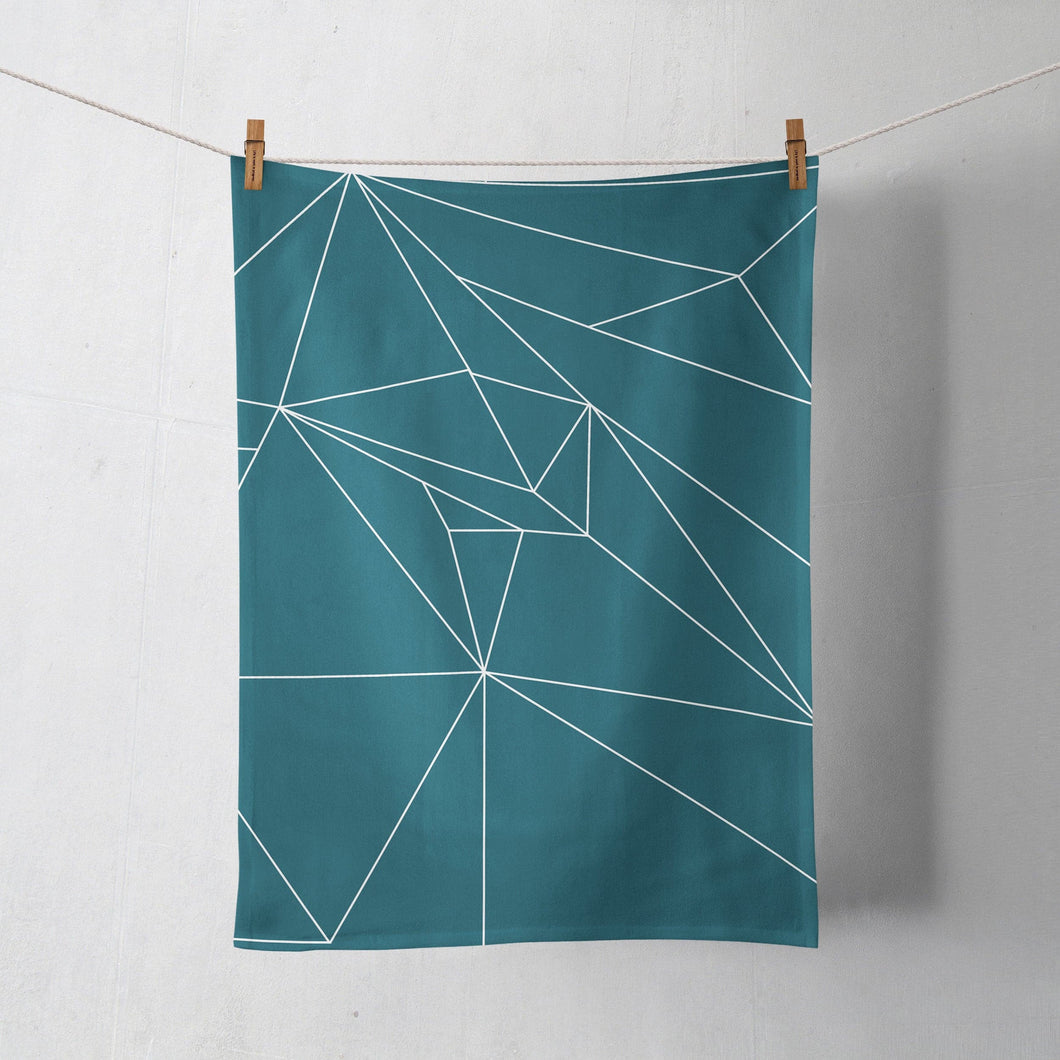 Teal Tea Towel with a White Line Geometric Design, Dish Towel, Kitchen Towel - Shadow bright