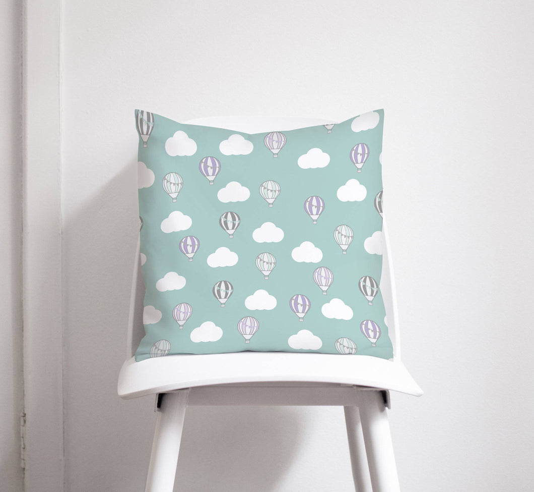 Green Hot Air Balloon and Clouds Design Cushion, Throw Pillow - Shadow bright
