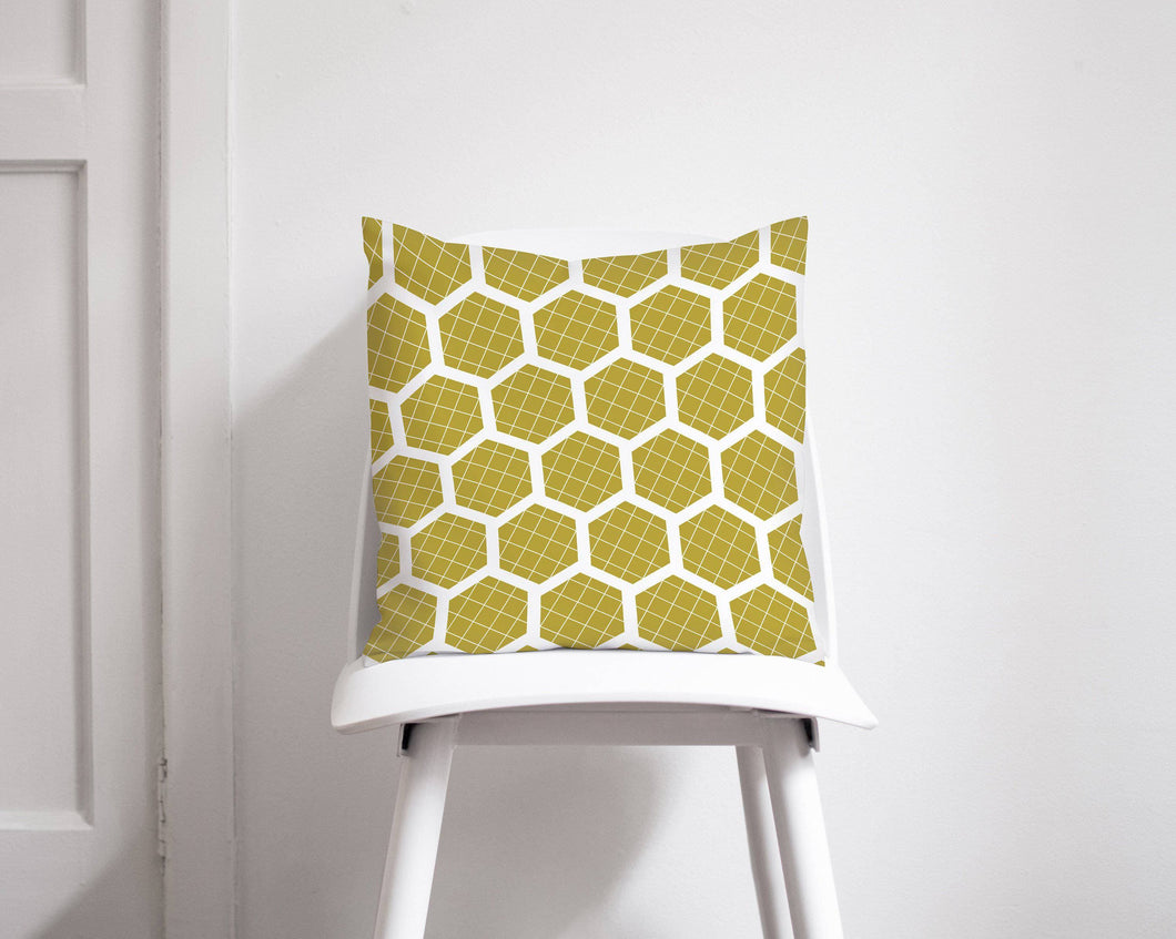 Mustard Yellow Cushion with a White Hexagon Design, Throw Pillow - Shadow bright