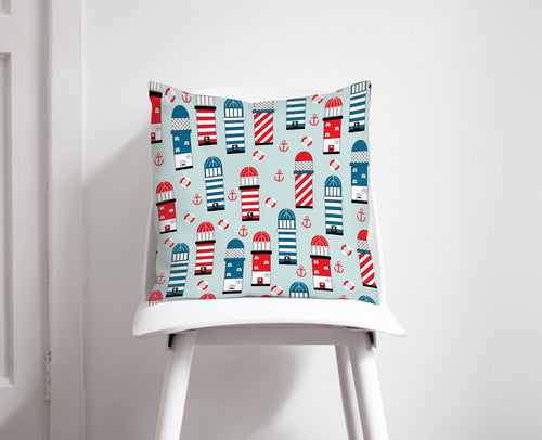 Light Blue Cushion with a Lighthouse Design, Throw Pillow - Shadow bright