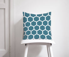 Load image into Gallery viewer, Teal Cushion with a White Hexagon Design, Throw Pillow - Shadow bright
