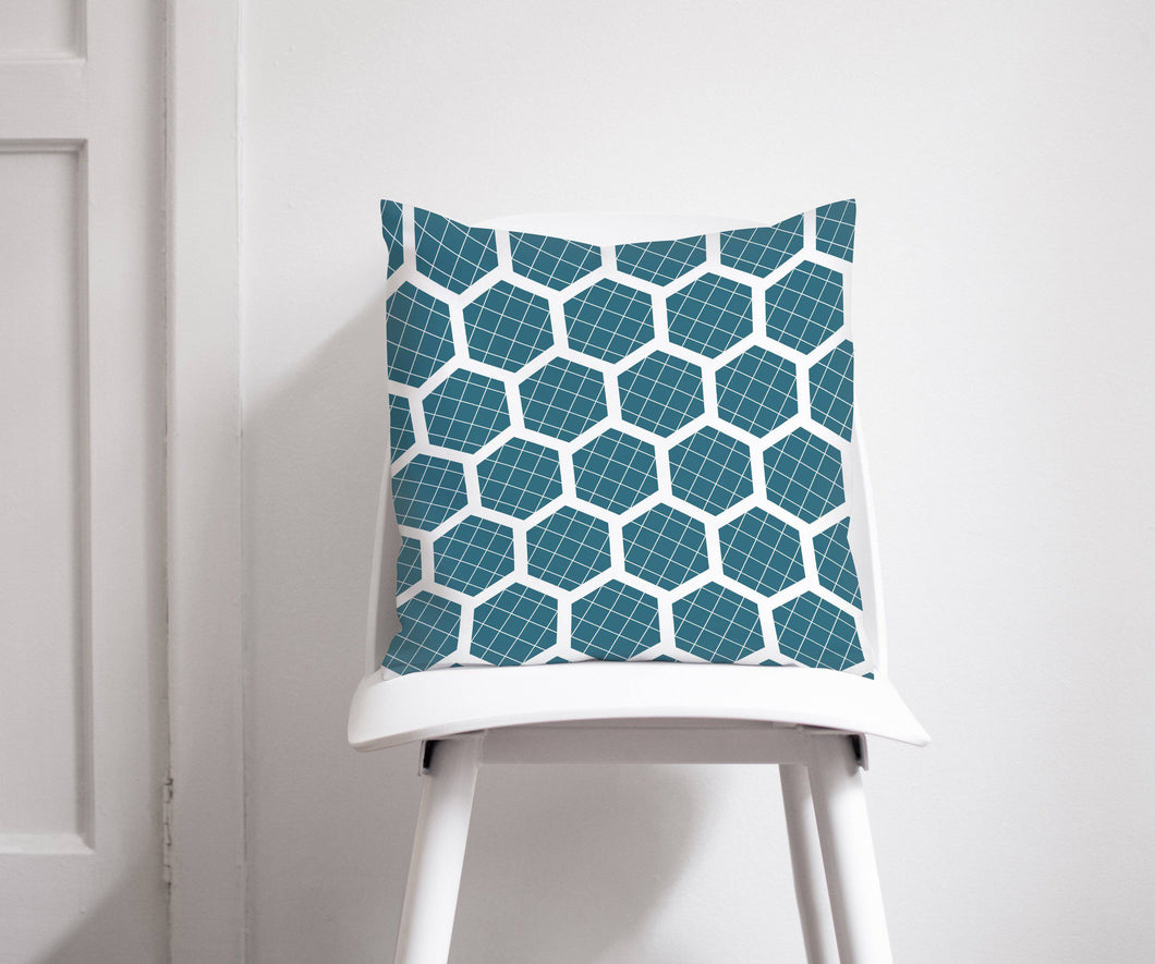 Teal Cushion with a White Hexagon Design, Throw Pillow - Shadow bright