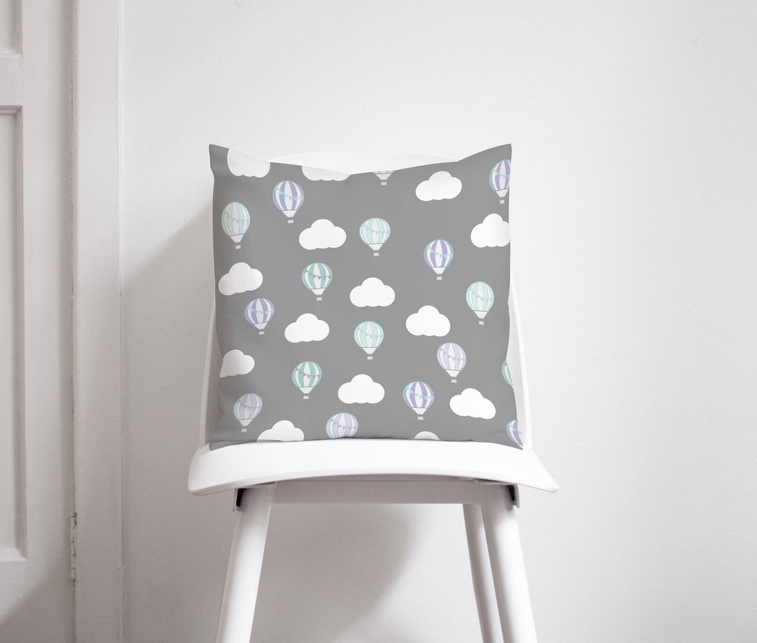 Grey with Hot Air Balloons and Clouds Design Cushion, Throw Pillow - Shadow bright