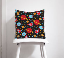 Load image into Gallery viewer, Black Cushion with Space Rockets, Planets and Stars Design, Throw Pillow - Shadow bright
