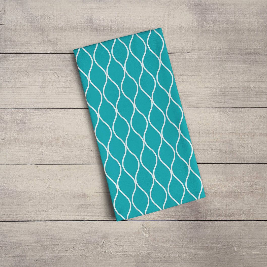 Turquoise Tea Towel with a White Geometric Design, Dish Towel, Kitchen Towel - Shadow bright