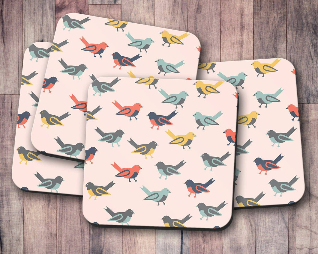 Pink Coasters with a Multicoloured Birds Design, Table Decor Drinks Mat - Shadow bright