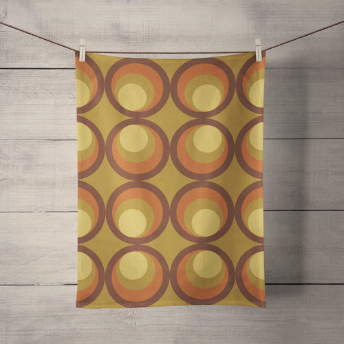 Mustard Yellow Tea Towel with Orange and Brown Retro Design, Dish Towels, Kitchen Towels - Shadow bright