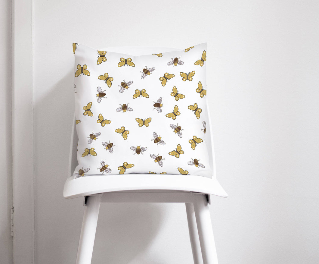 White with Brown Bees and Butterfly Design Cushion, Throw Pillow - Shadow bright