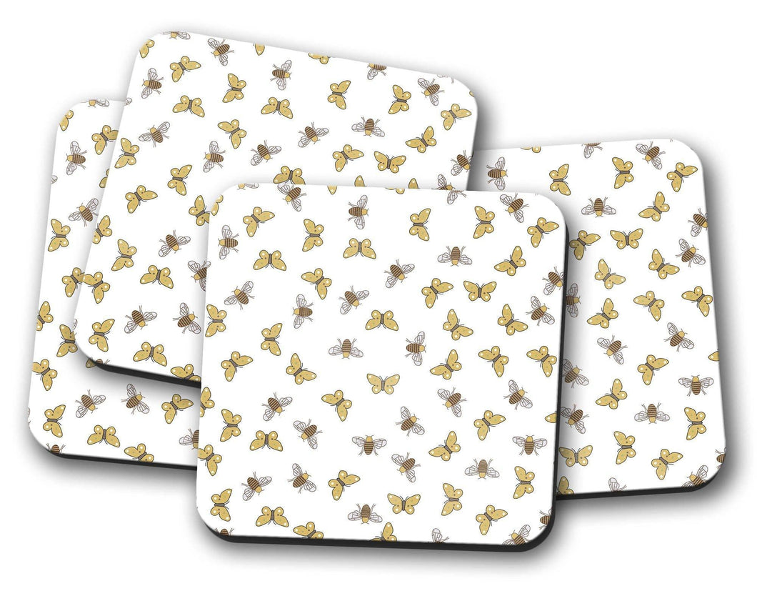 White Coasters with a Bees and Butterflies Design, Table Decor Drinks Mat - Shadow bright