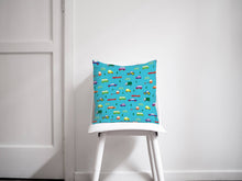 Load image into Gallery viewer, Turquoise Blue Cushion with Multicoloured Cars Design, Throw Pillow - Shadow bright
