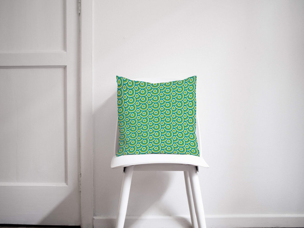 Green Cushion with a Green and Blue Circles 70's Retro Design, Throw Pillow - Shadow bright