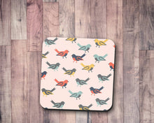Load image into Gallery viewer, Pink Coasters with a Multicoloured Birds Design, Table Decor Drinks Mat - Shadow bright
