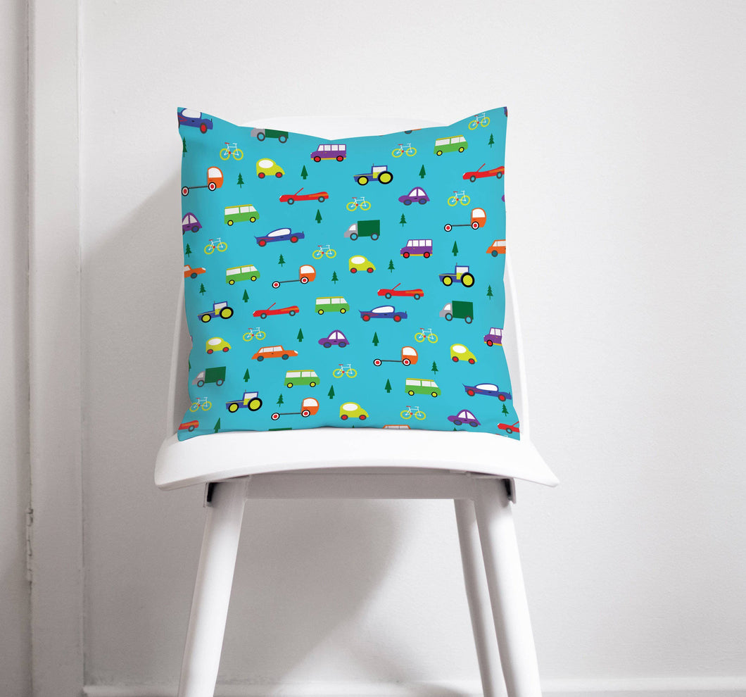 Turquoise Blue Cushion with Multicoloured Cars Design, Throw Pillow - Shadow bright