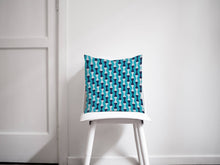 Load image into Gallery viewer, Turquoise Blue Cushion with a Dark Blue and Grey Geometric Design, Throw Pillow - Shadow bright
