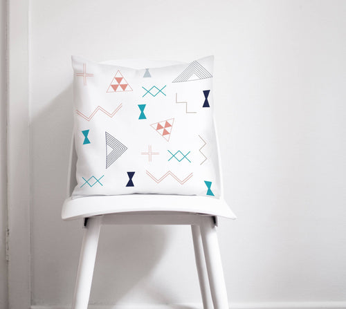 White Cushion with a Turquoise, Coral and Navy Blue Kilim Design, Throw Pillow - Shadow bright