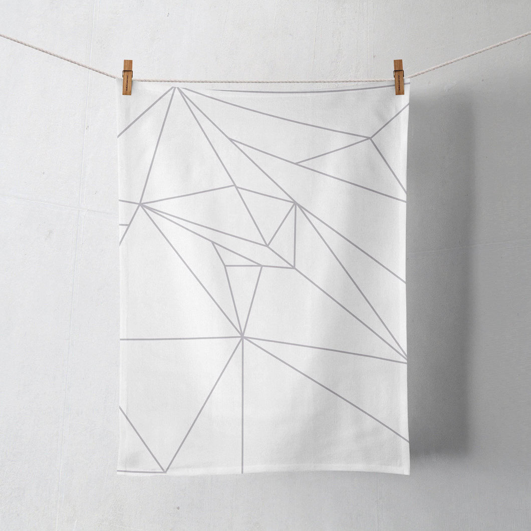 White Tea Towel with a Grey Geometric Line Design, Dish Towel, Kitchen Towel - Shadow bright