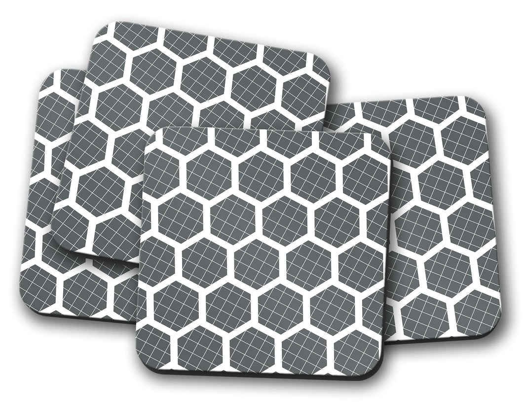 Grey Coasters with a White Hexagon Design, Table Decor Drinks Mat - Shadow bright