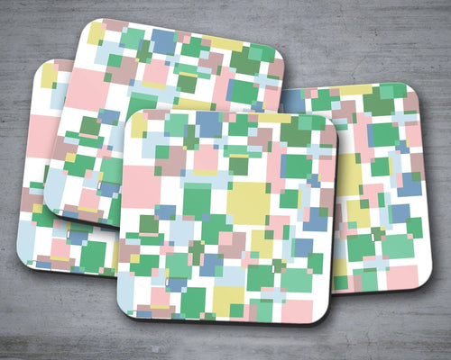 Green Colour Block Geometric Squares Design Coasters, Table Decor, Drinks Mat - Shadow bright