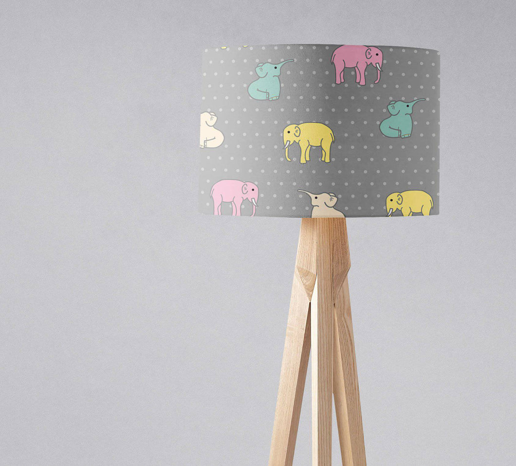 Grey Lampshade with Pink and Yellow Elephants Design, Ceiling or Table Lamp Shade - Shadow bright