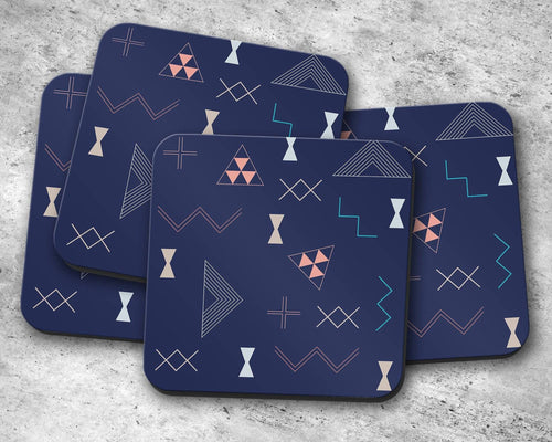 Navy Blue Coasters with a Coral and Turquoise Kilim Design, Table Decor Drinks Mat - Shadow bright