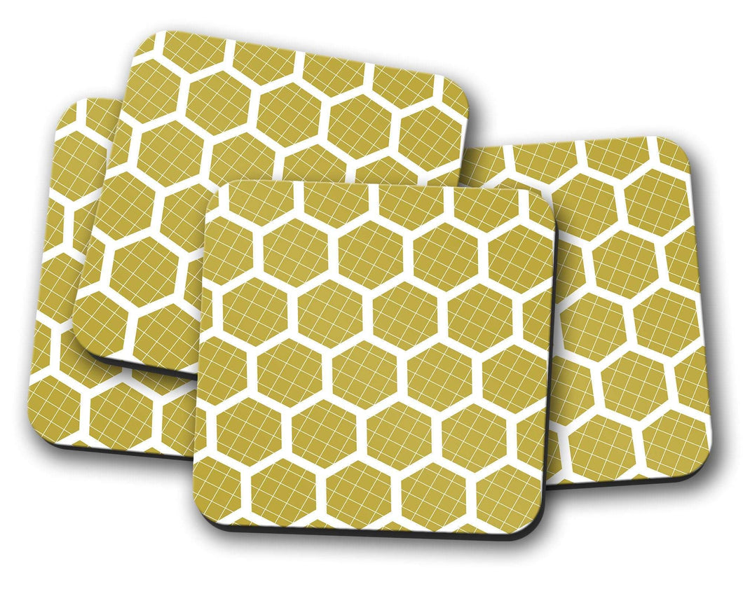 Mustard Yellow Coasters with a White Hexagon Design, Table Decor Drinks Mat - Shadow bright