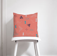 Load image into Gallery viewer, Coral Cushion wth a Navy Blue, Grey and Turquoise Kilim Design, Throw Pillow - Shadow bright
