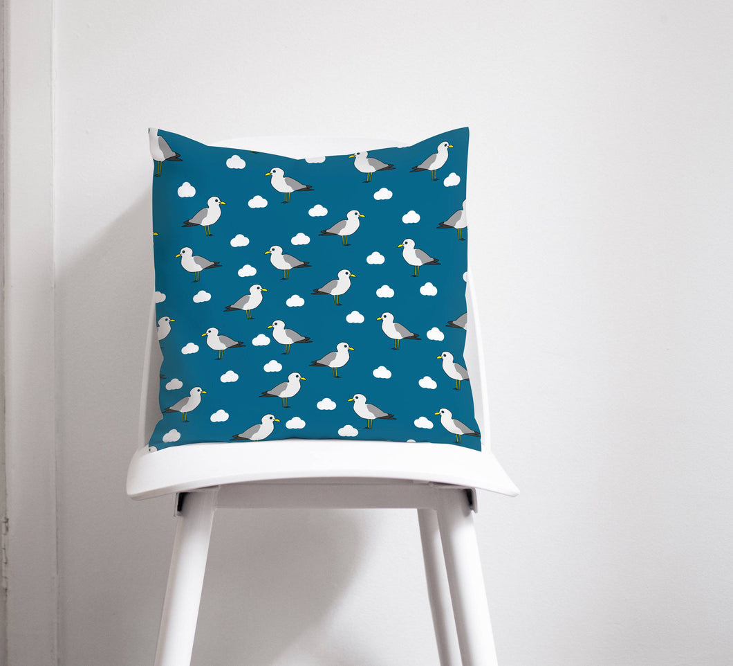 Mid-Blue Cushion with a Seagulls Design, Throw  Pillow - Shadow bright