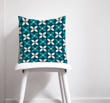 Load image into Gallery viewer, Dark Blue Cushion with White and Blue Geometric Floral Design, Throw Pillow - Shadow bright
