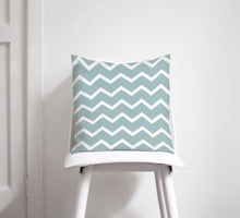 Load image into Gallery viewer, Duck Egg Blue Cushion with a White Chevron Design, Throw Pillow - Shadow bright
