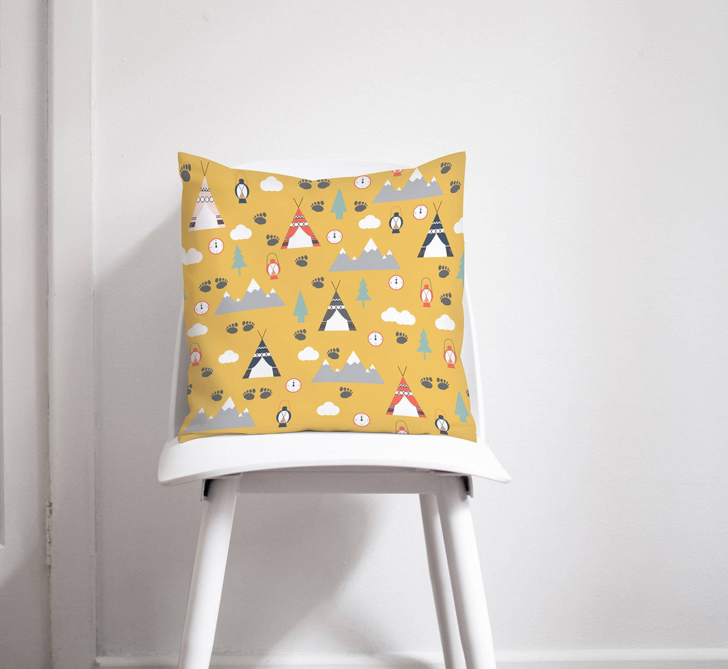 Yellow Cushion with a Camping Theme Design, Throw Pillow - Shadow bright