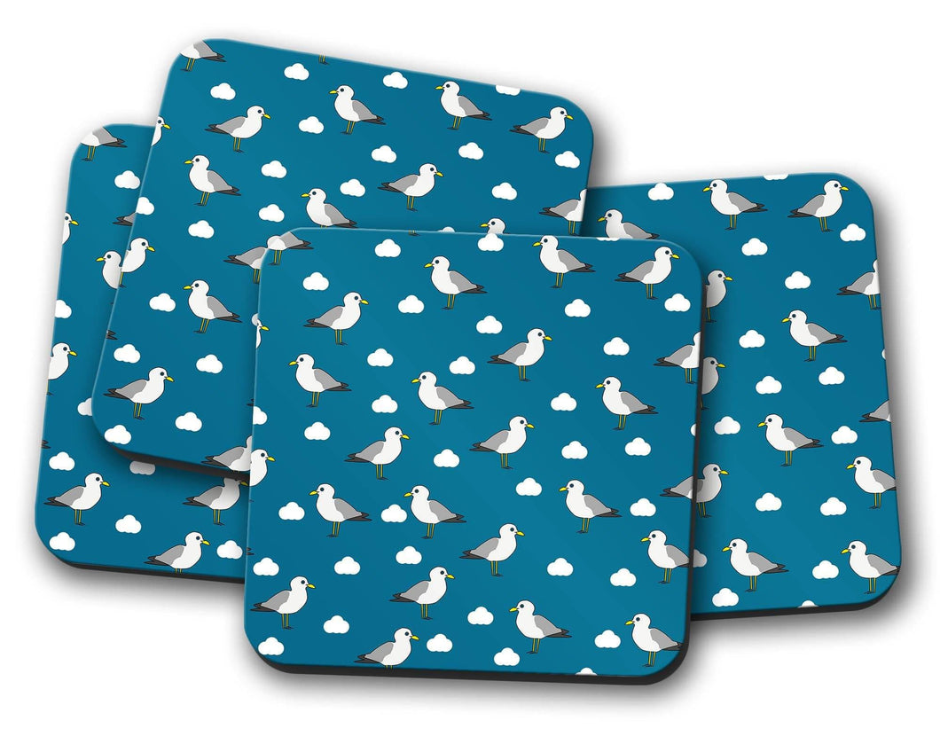 Dark Blue Coasters with a Seagulls Design, Table Decor Drinks Mat - Shadow bright