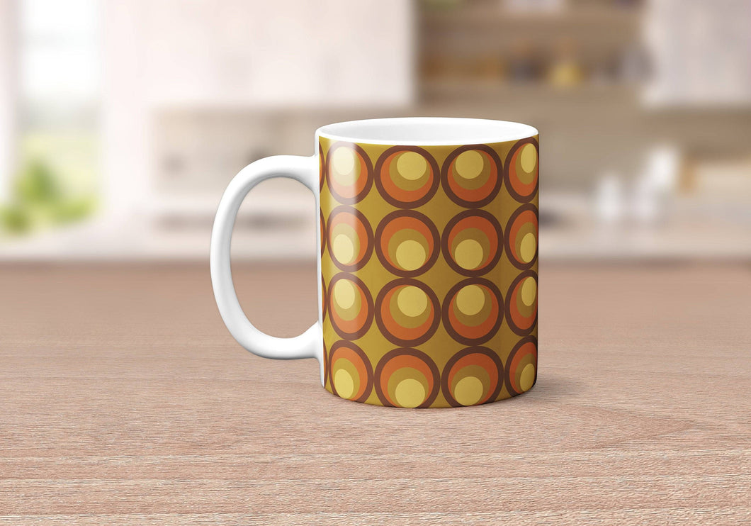 Orange, Yellow and Brown Circles Retro Design Mug, Tea or Coffee Cup - Shadow bright
