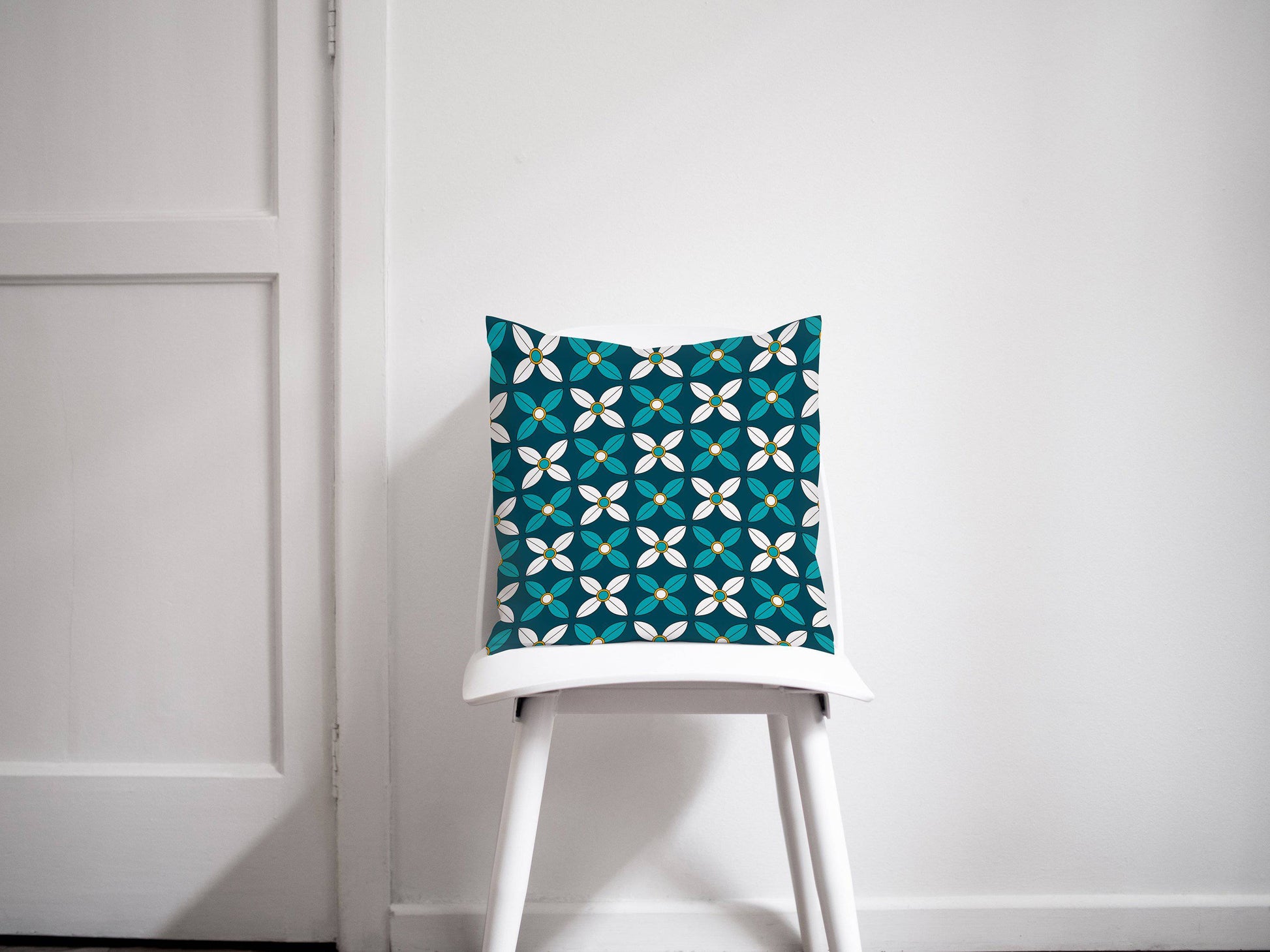 Dark Blue Cushion with White and Blue Geometric Floral Design, Throw Pillow - Shadow bright
