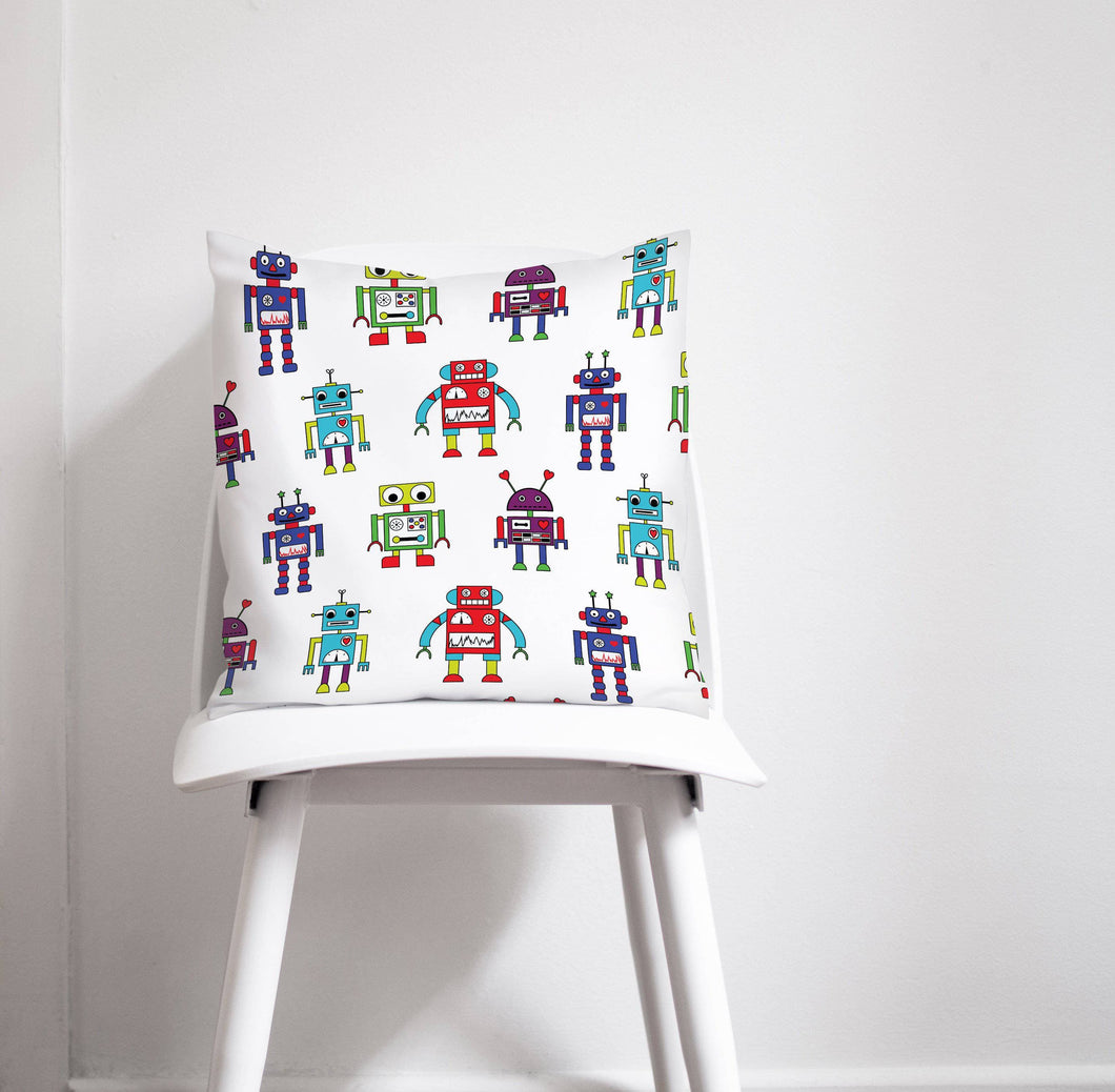White Cushion with a Multicoloured Robot Design, Throw Pillow - Shadow bright